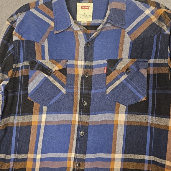 Levi's Mens Flannel Button Down Button Up Long Sleeve Blue Plaid Western Medium - Picture 2 of 13